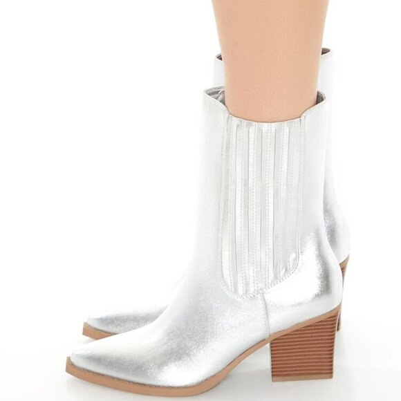 Women Go-Go Disco Glam Western Pointed Toe Block Heel Boot Silver Metallic 7 8 - Picture 4 of 12